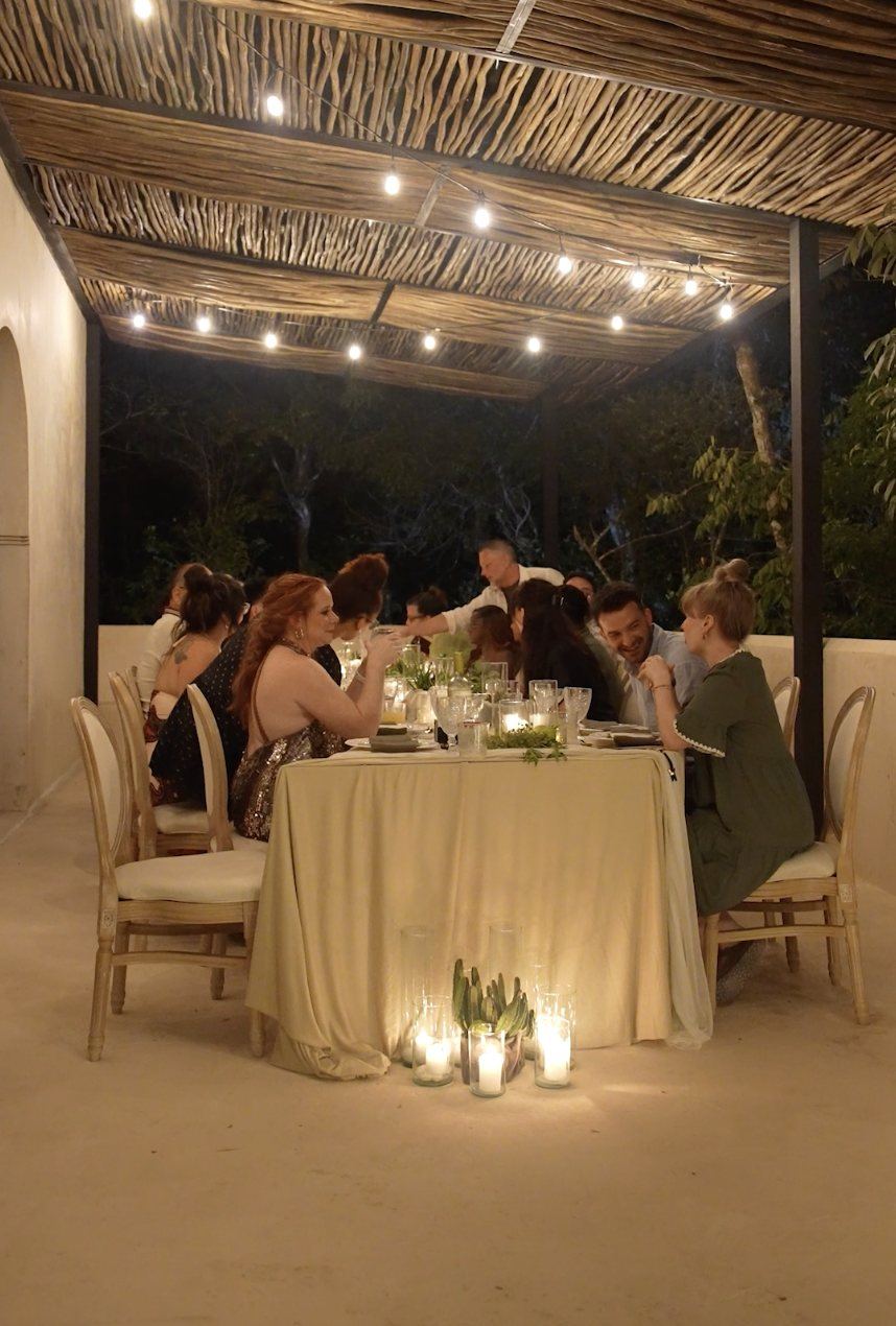 Dinner under the palapa with string lights